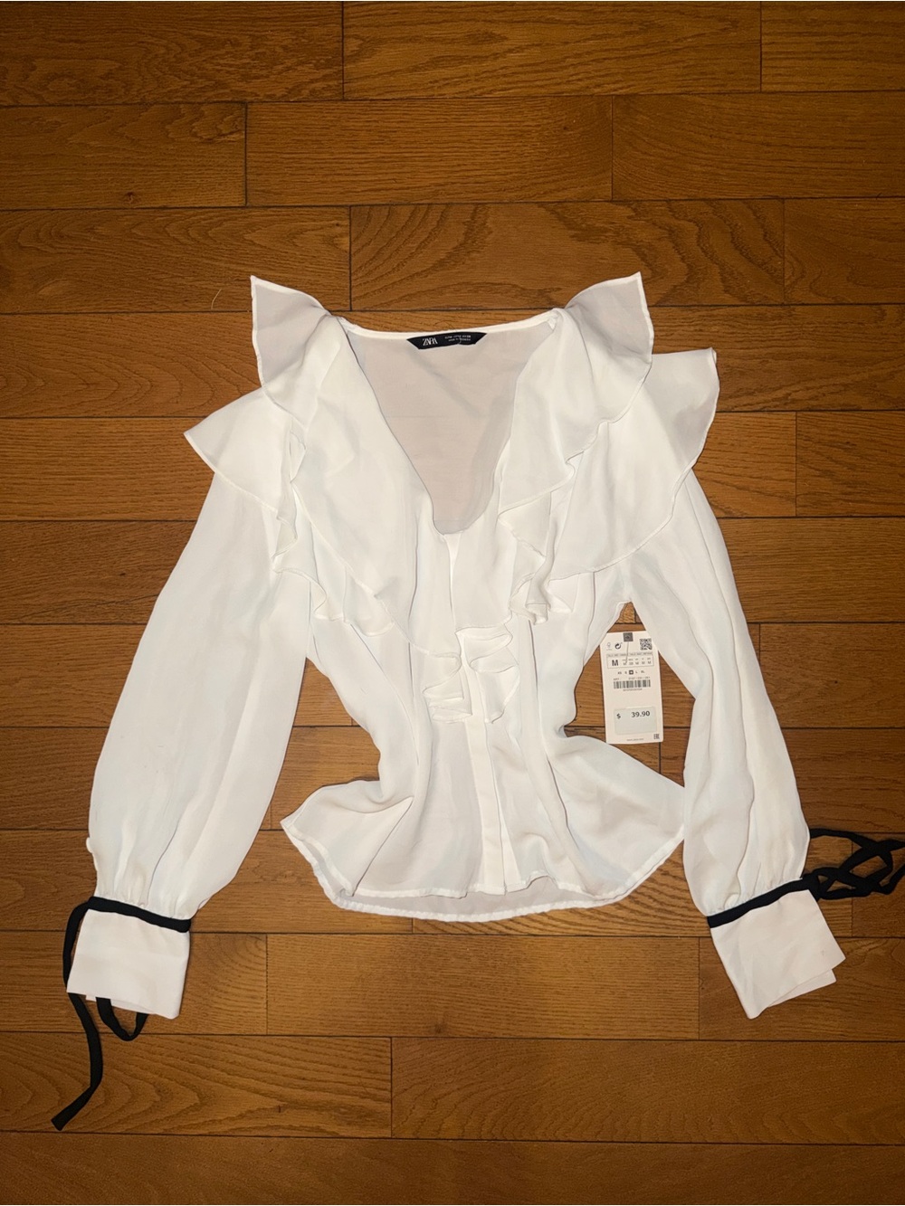 Zara White Ruffle V-Neck Blouse with Black Tie Cuffs